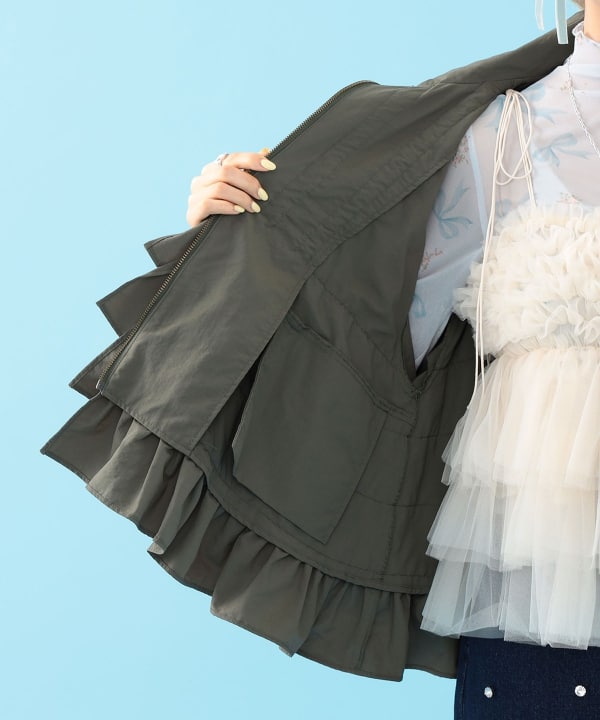 【+10%ポイントUP】フリル フード ブルゾン Model : H163 B77 W60 H83　Size : ONE SIZE