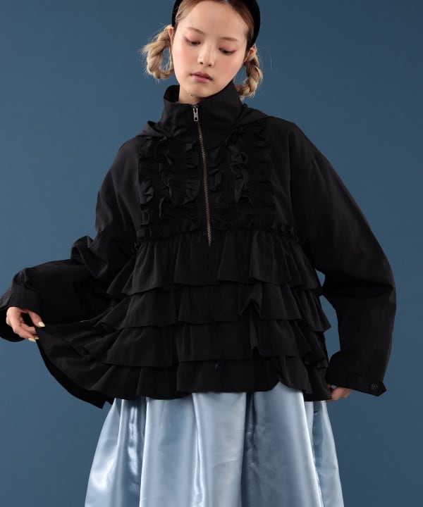 【+10%ポイントUP】フリル フード ブルゾン Model : H163 B77 W60 H83　Size : ONE SIZE