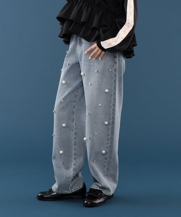 【+10%ポイントUP】パール & ビジュー デニム パンツ Model : H163 B77 W60 H83　Size : ONE SIZE