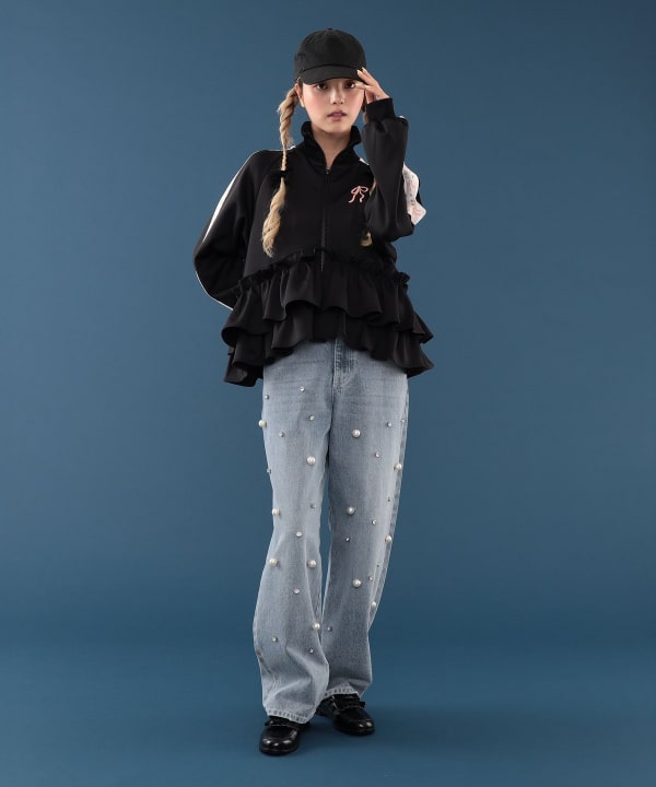 【+10%ポイントUP】パール & ビジュー デニム パンツ Model : H163 B77 W60 H83　Size : ONE SIZE