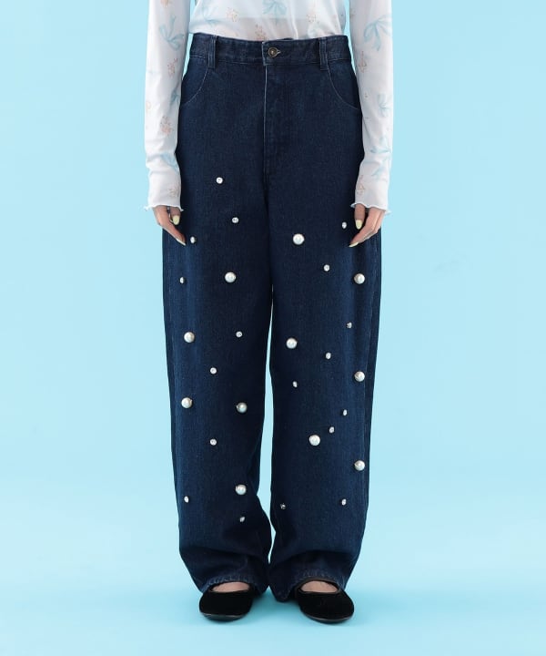 【+10%ポイントUP】パール & ビジュー デニム パンツ Model : H163 B77 W60 H83　Size : ONE SIZE