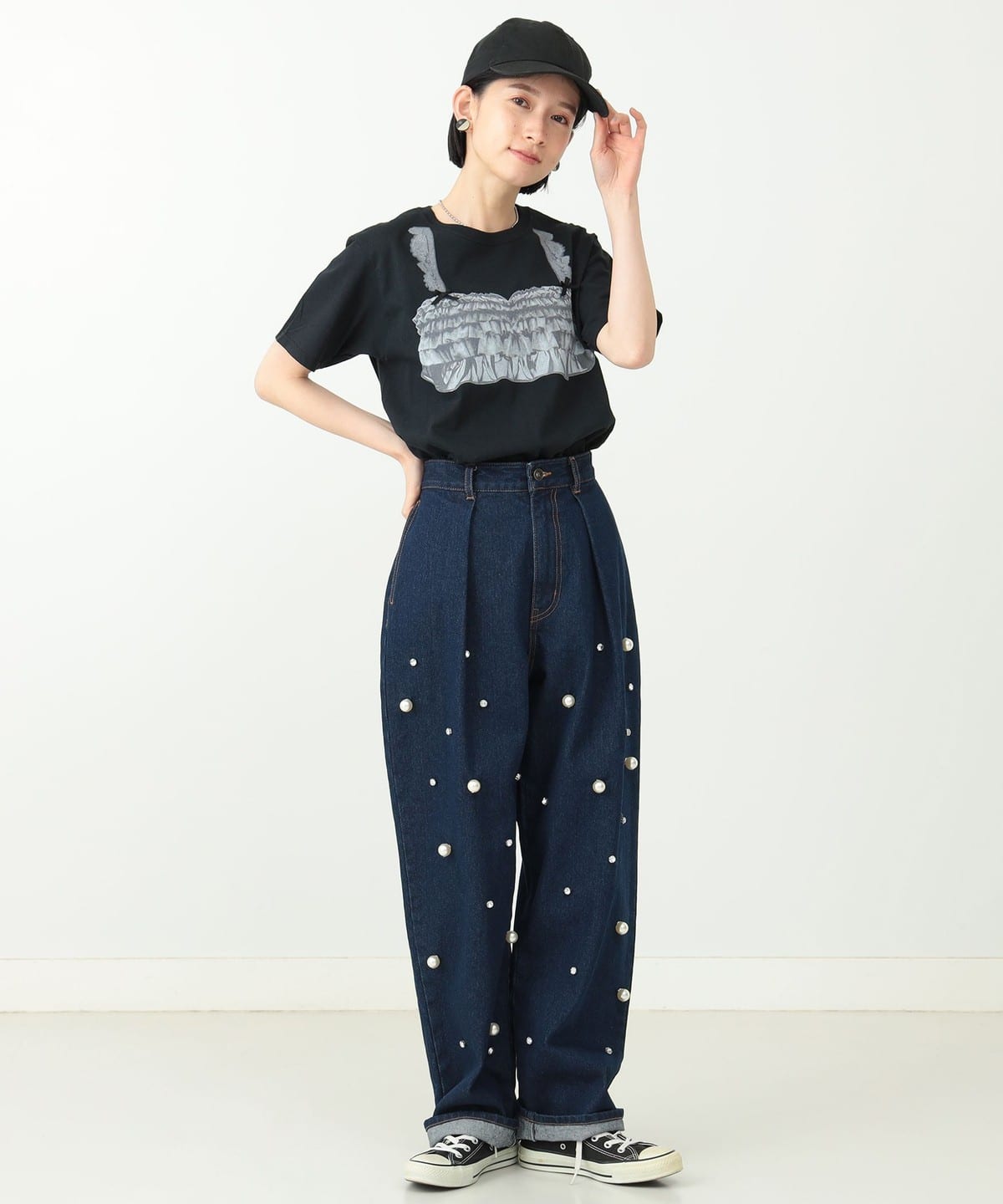 M'S GRACY パール装飾デニムパンツ　サイズ38 パール付きセミワイドデニムパンツ（5-0021-1-29-003）｜fredy