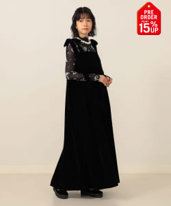 【+15%ポイントUP】ベロア ショルダーリボン ワンピース