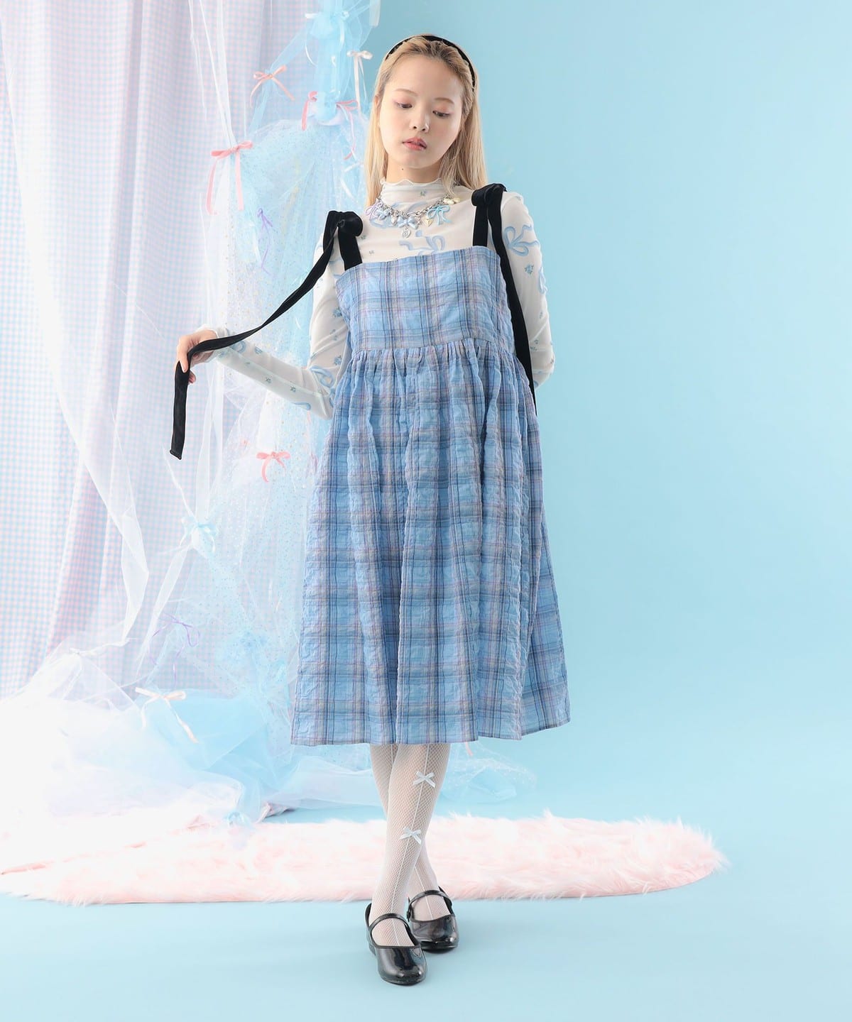 CAROLINA GLASER（カロリナ グレイサー）ベロアリボン チェック ミモレ