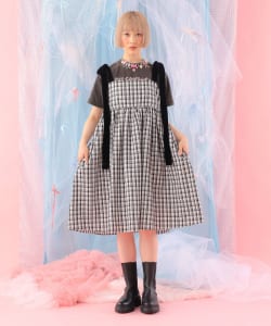 【+10%ポイントUP】ベロアリボン チェック ミモレ丈 キャミソール ワンピース