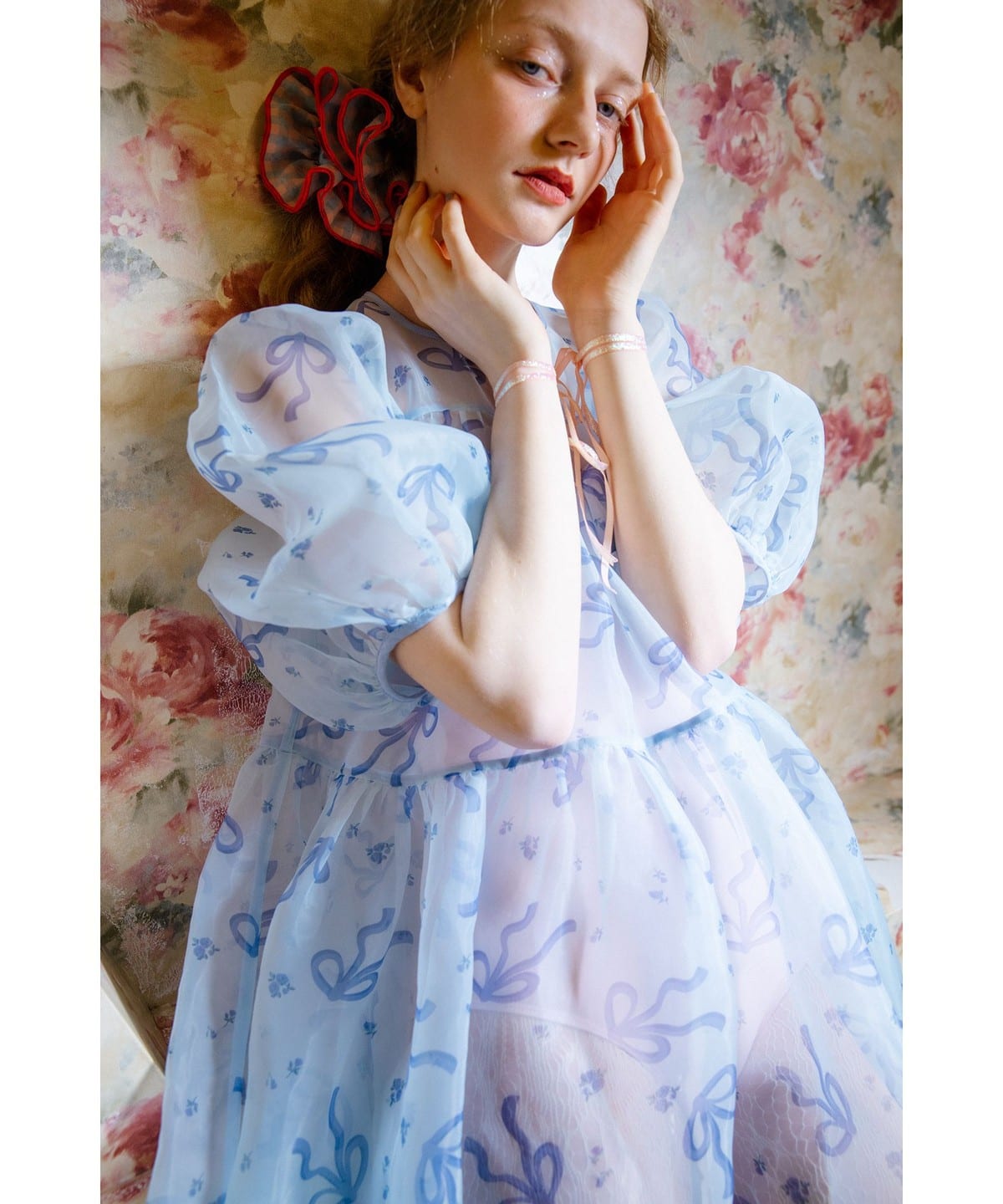 【即購入OK美品】CAROLINA GLASER フラワー ワンピース リボン付 CAROLINA GLASER（カロリナ グレイサー）リボンフラワー シアー