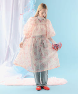 リボンフラワー シアーバルーンスリーブ ワンピース