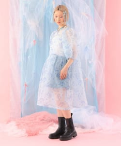 リボンフラワー シアーバルーンスリーブ ワンピース