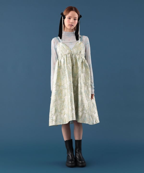 ラメジャカード ミドル丈 キャミワンピース Model : H163 B77 W60 H83　Size : ONE SIZE