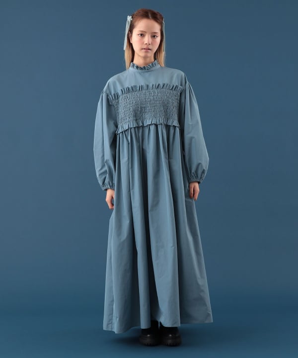 【+10%ポイントUP】リップストップ シャーリング フリル ワンピース Model : H163 B77 W60 H83　Size : M