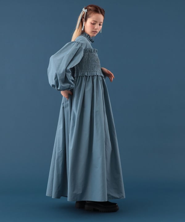 【+10%ポイントUP】リップストップ シャーリング フリル ワンピース Model : H163 B77 W60 H83　Size : M