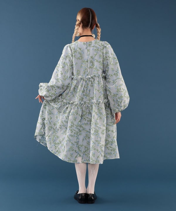 【+10%ポイントUP】ジャカード ティアード ワンピース Model : H163 B77 W60 H83　Size : ONE SIZE