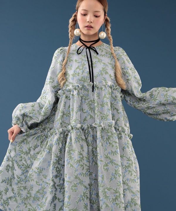 【+10%ポイントUP】ジャカード ティアード ワンピース Model : H163 B77 W60 H83　Size : ONE SIZE