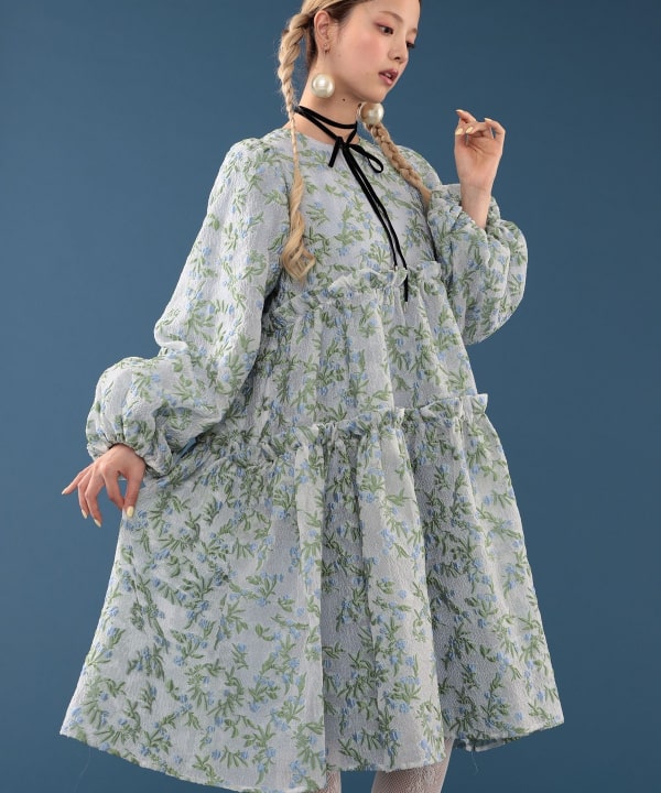 【+10%ポイントUP】ジャカード ティアード ワンピース Model : H163 B77 W60 H83　Size : ONE SIZE