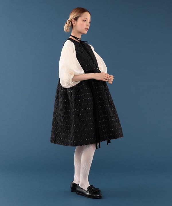 【+10%ポイントUP】ドット キルト柄 ノースリーブ ワンピース Model : H163 B77 W60 H83　Size : ONE SIZE