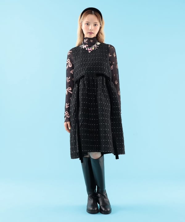【+10%ポイントUP】ドット キルト柄 ノースリーブ ワンピース Model : H163 B77 W60 H83　Size : ONE SIZE