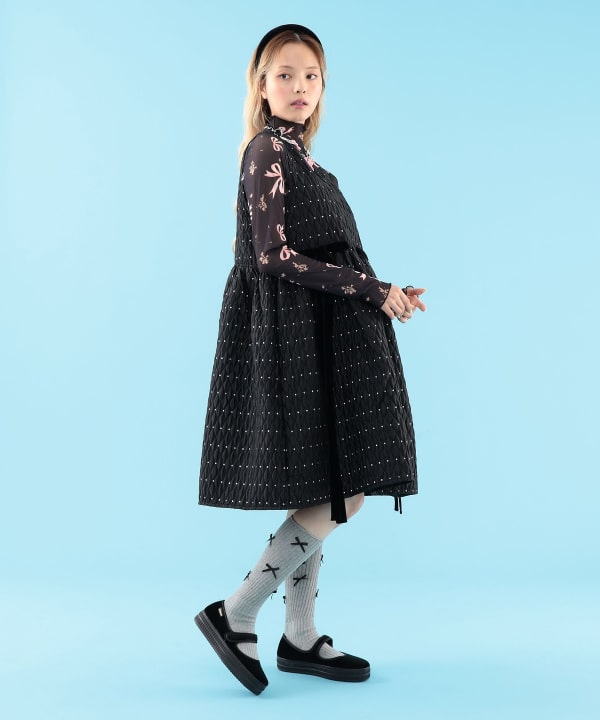 【+10%ポイントUP】ドット キルト柄 ノースリーブ ワンピース Model : H163 B77 W60 H83　Size : ONE SIZE