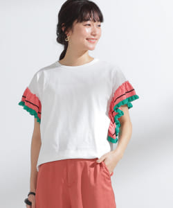 Ray BEAMS / ライン フリルスリーブ クルーネック Tシャツ