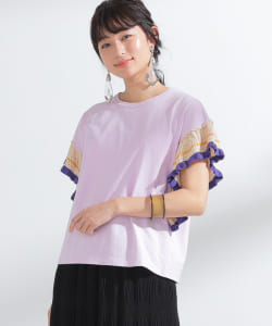 Ray BEAMS / ライン フリルスリーブ クルーネック Tシャツ