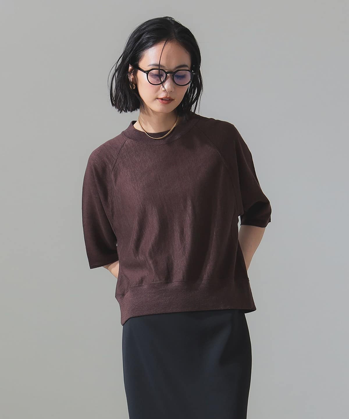 BATONER バトナー / ベルギーリネン 裏毛 ショートスリーブ トップス トップス WOMEN BROWN 1 BATONER バトナー / ベルギーリネン 裏毛 ショートスリーブ トップス トップス WOMEN BROWN 1