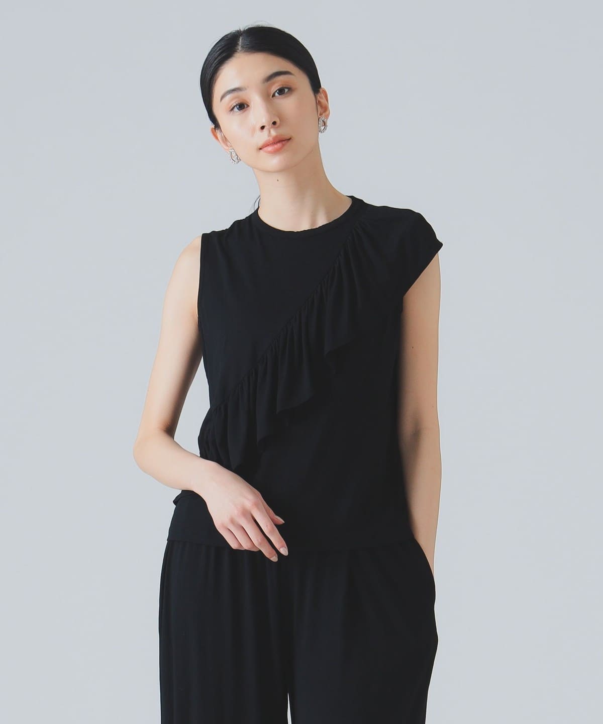 three dots スリードッツ / ラッフル タンクトップ Tシャツ・カットソー WOMEN BLACK S three dots スリードッツ / ラッフル タンクトップ Tシャツ・カットソー WOMEN BLACK S