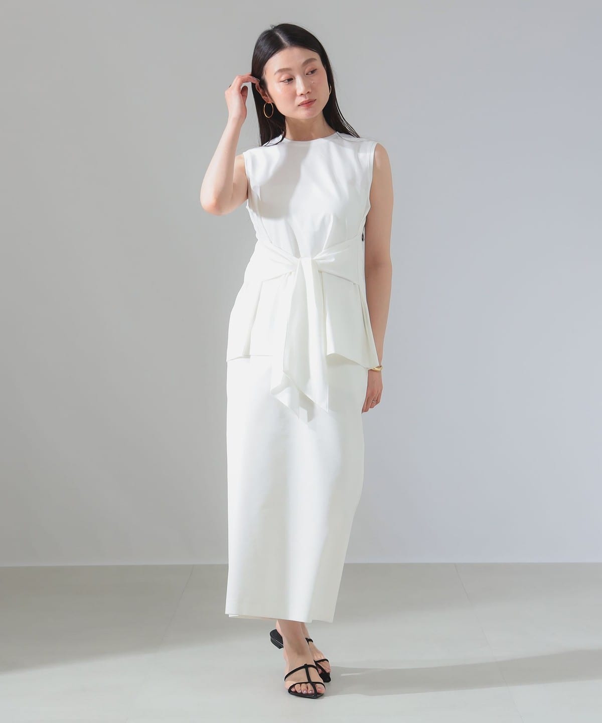 【WHITE】フロントリボン ノースリーブ プルオーバー Demi-Luxe BEAMS（デミルクス ビームス）フロントリボン ノースリーブ