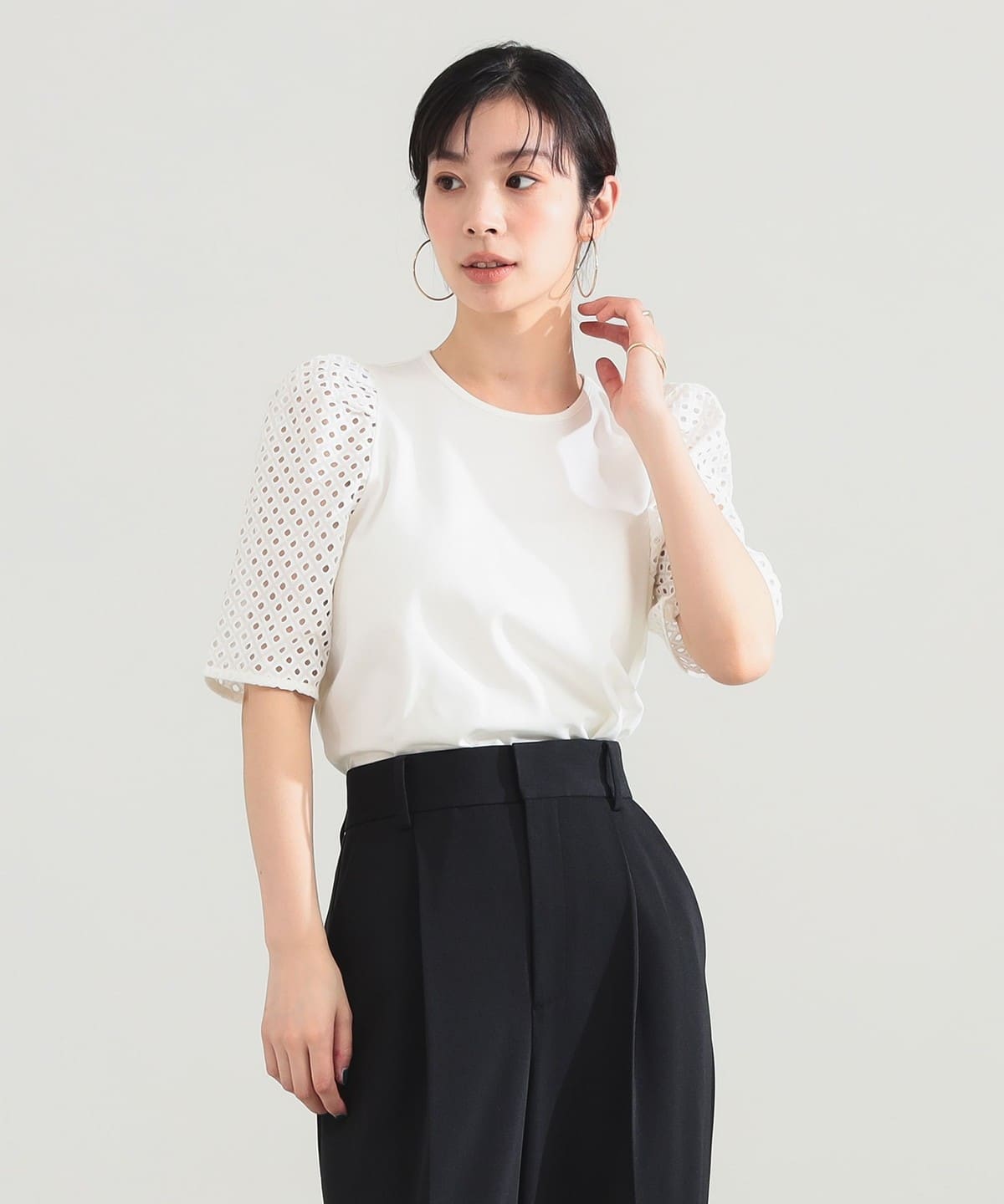 Demi-Luxe BEAMS（デミルクス ビームス）刺繍レース スリーブ Tシャツ 