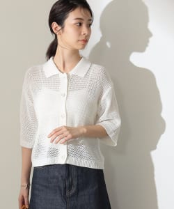 Demi-Luxe BEAMS / 襟付き アイレット 5分袖カーディガン