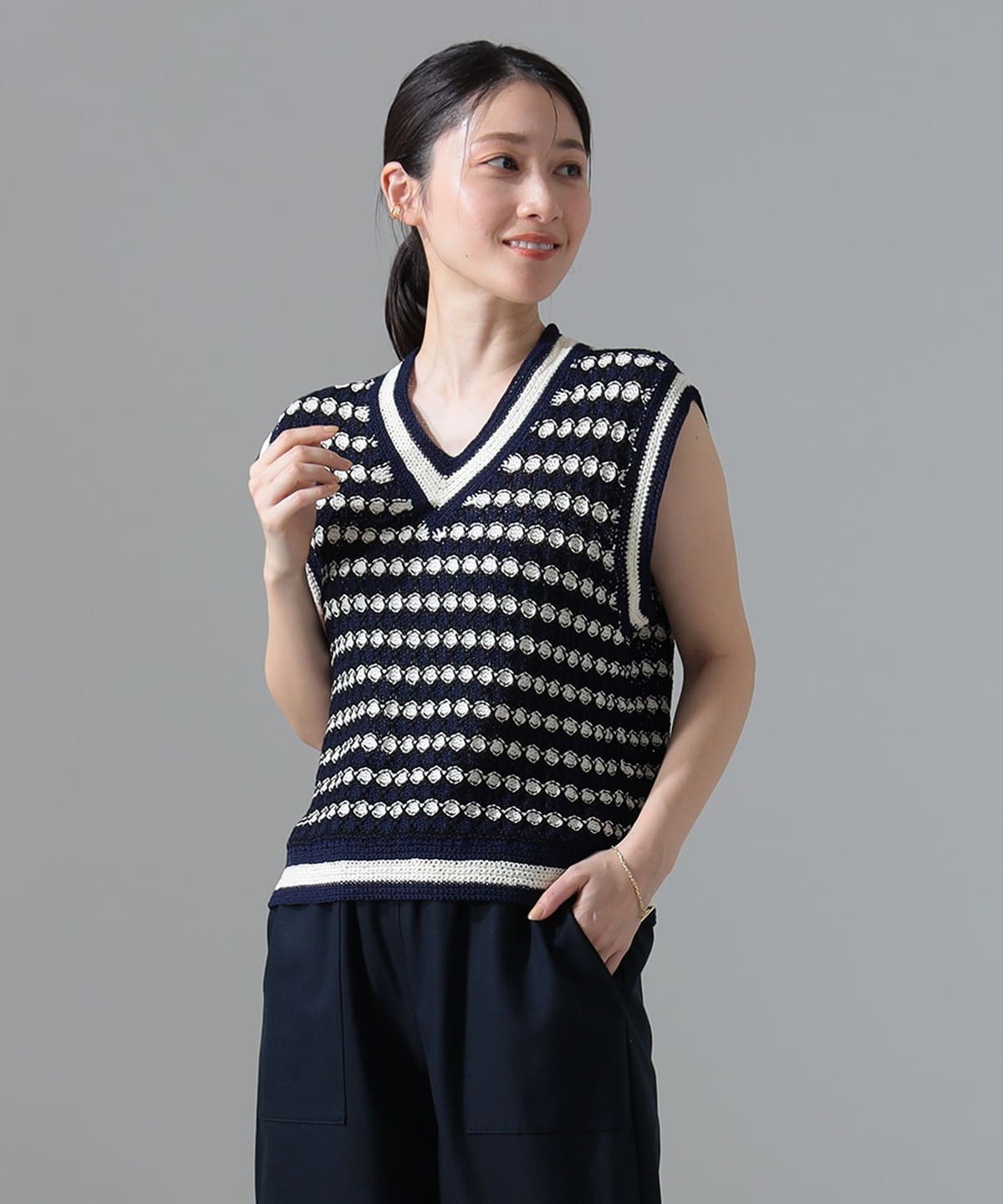 【別注】Krochet / コットン ベスト トップス WOMEN ECRU/NAVY XS 【別注】Krochet / コットン ベスト トップス WOMEN ECRU/NAVY XS