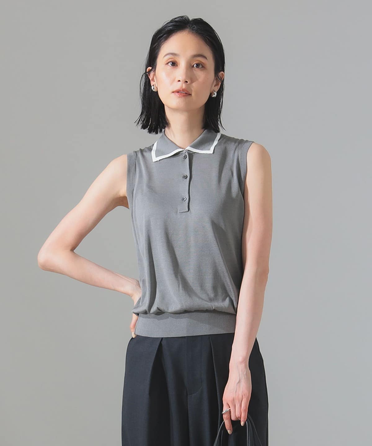【別注】SLOANE スローン / シルク ポロ ノースリーブ トップス WOMEN GREY×WHITE 2 【別注】SLOANE スローン / シルク ポロ ノースリーブ トップス WOMEN GREY×WHITE 2