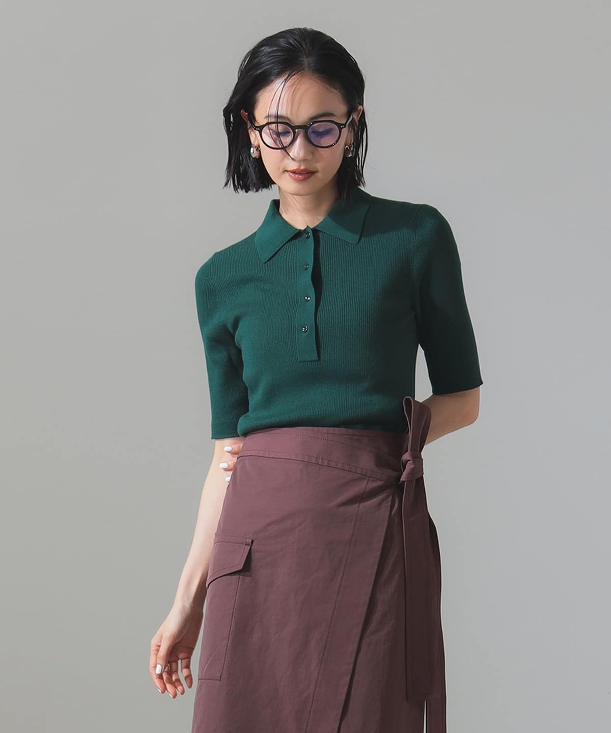 ハーフスリーブ ポロニット トップス WOMEN GREEN ONE SIZE ハーフスリーブ ポロニット トップス WOMEN GREEN ONE SIZE