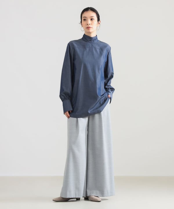 【+10%ポイントUP】AK+1 / シャンブレー ハイネック ブラウス Model：H165　Size：38