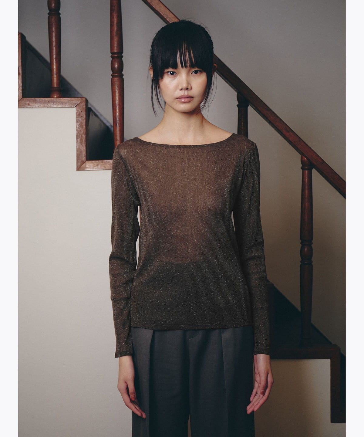 BEAMS SALON / キラキラ シアー ロングスリーブ トップス Tシャツ・カットソー WOMEN BROWN ONE SIZE