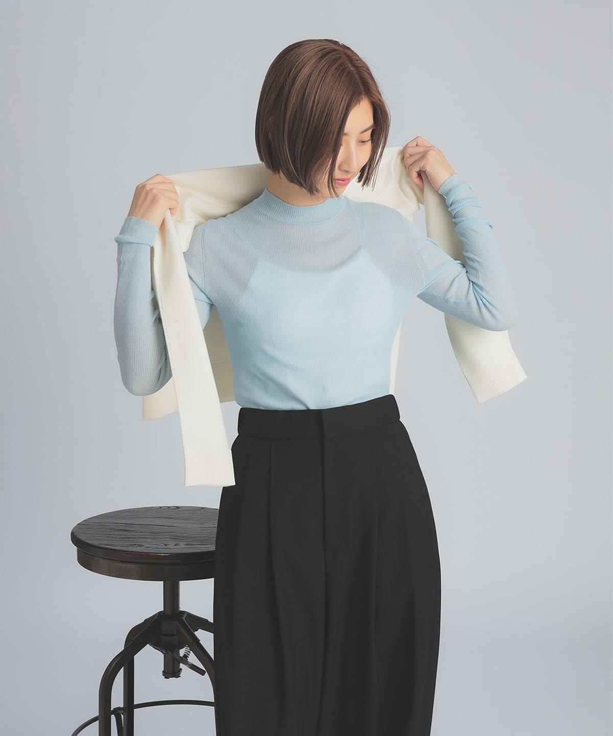 コットンナイロン シアー リブ ニット トップス WOMEN SAX ONE SIZE コットンナイロン シアー リブ ニット トップス WOMEN SAX ONE SIZE