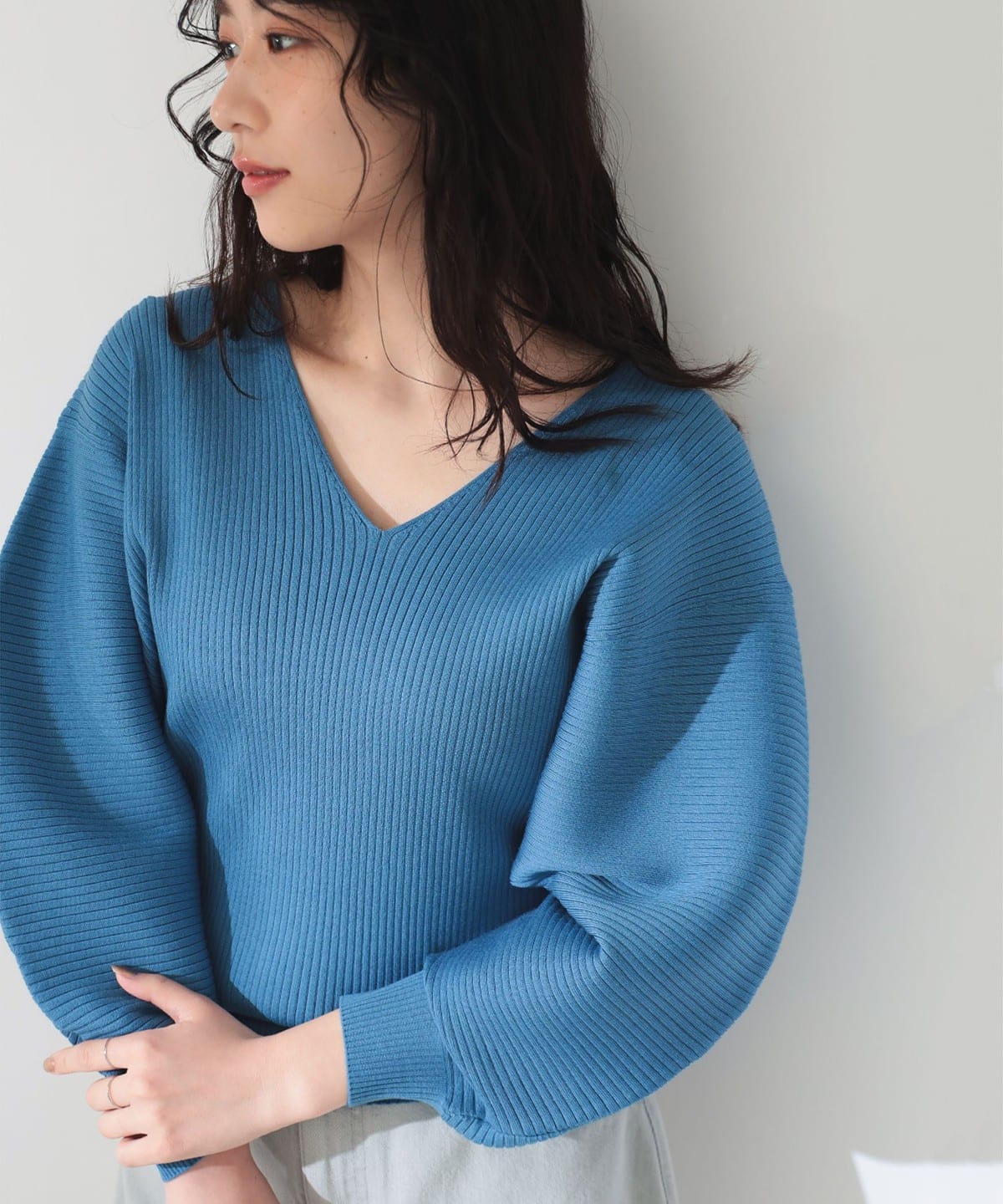 リブ ドルマン Vネック プルオーバー トップス WOMEN BLUE ONE SIZE リブ ドルマン Vネック プルオーバー トップス WOMEN BLUE ONE SIZE