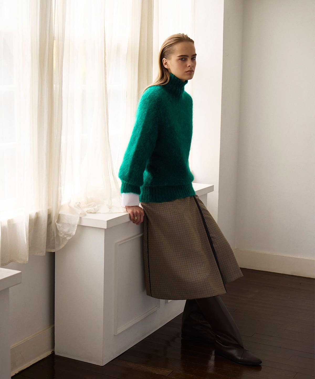 カラー ガーター タートルニット トップス WOMEN GREEN ONE SIZE