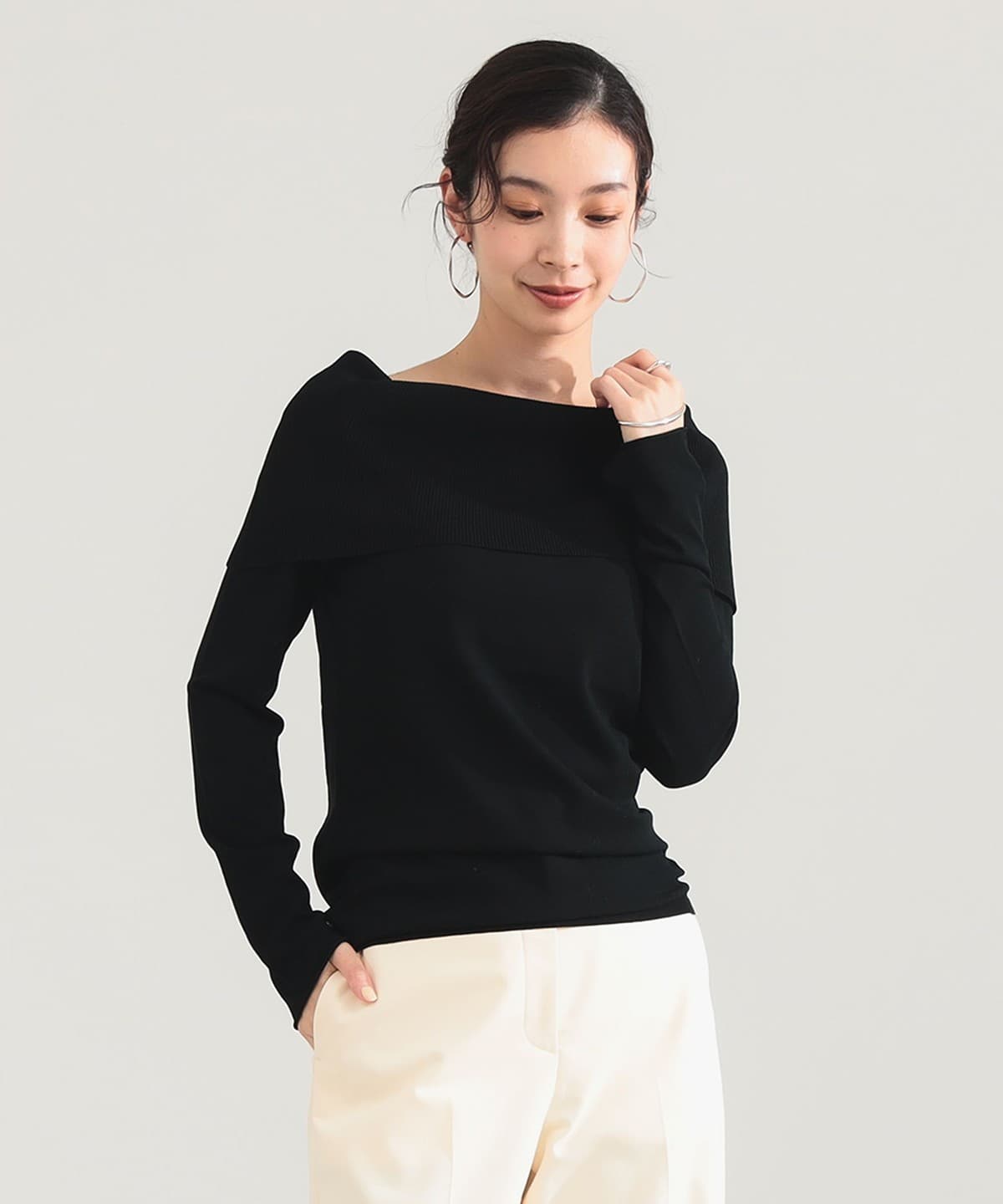 レーヨン ポリエステル オフショルダー プルオーバー ニット トップス WOMEN BLACK ONE SIZE
