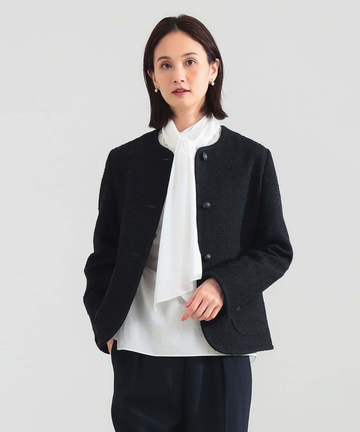 Demi-Luxe ノーカラーツイードジャケット ネイビー セレモニー Demi-Luxe BEAMS ジャケット ノーカラージャケット 「セレモニー