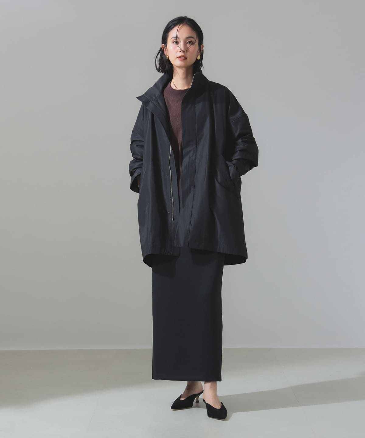 ポリエステル 二重織 スタンドカラーコート コート WOMEN BLACK 38 ポリエステル 二重織 スタンドカラーコート コート WOMEN BLACK 38