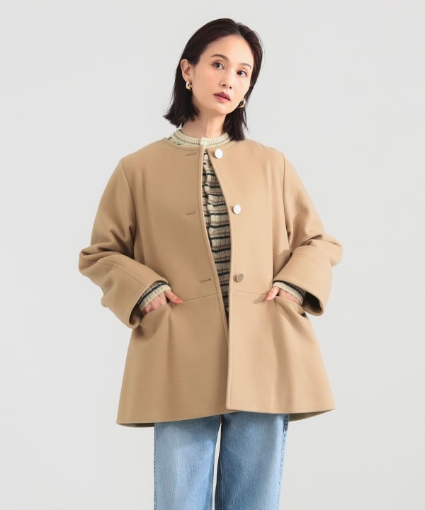 美品 デミルクス ビームス 6.8万円 高級イタリア製生地 ノーカラーコート Demi-Luxe BEAMS（デミルクス ビームス）ソフトメルトン ノー