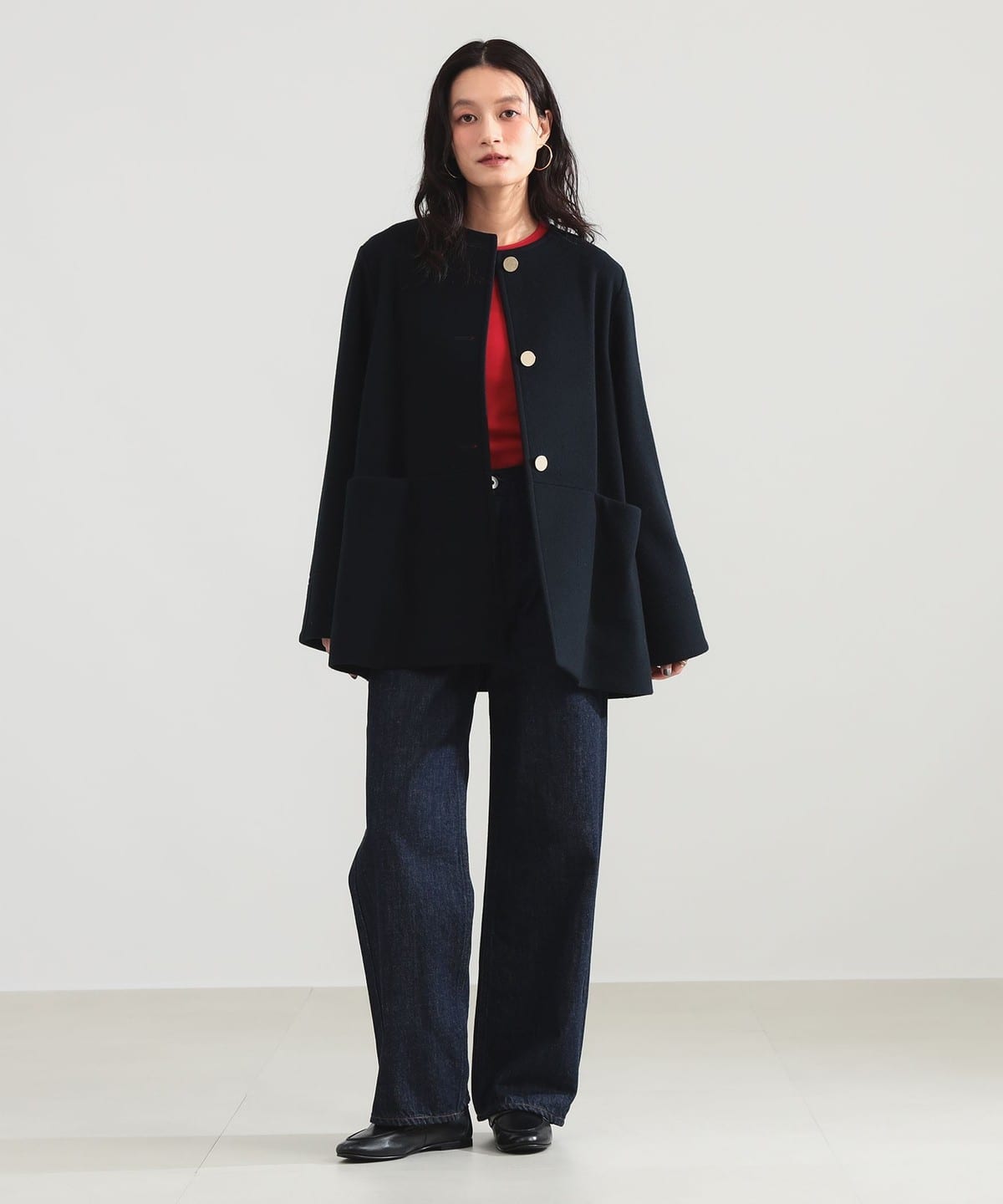 TRAVAIL MANUEL ソフトメルトンノーカラーコート黒美品 Demi-Luxe BEAMS（デミルクス ビームス）ソフトメルトン ノーカラー