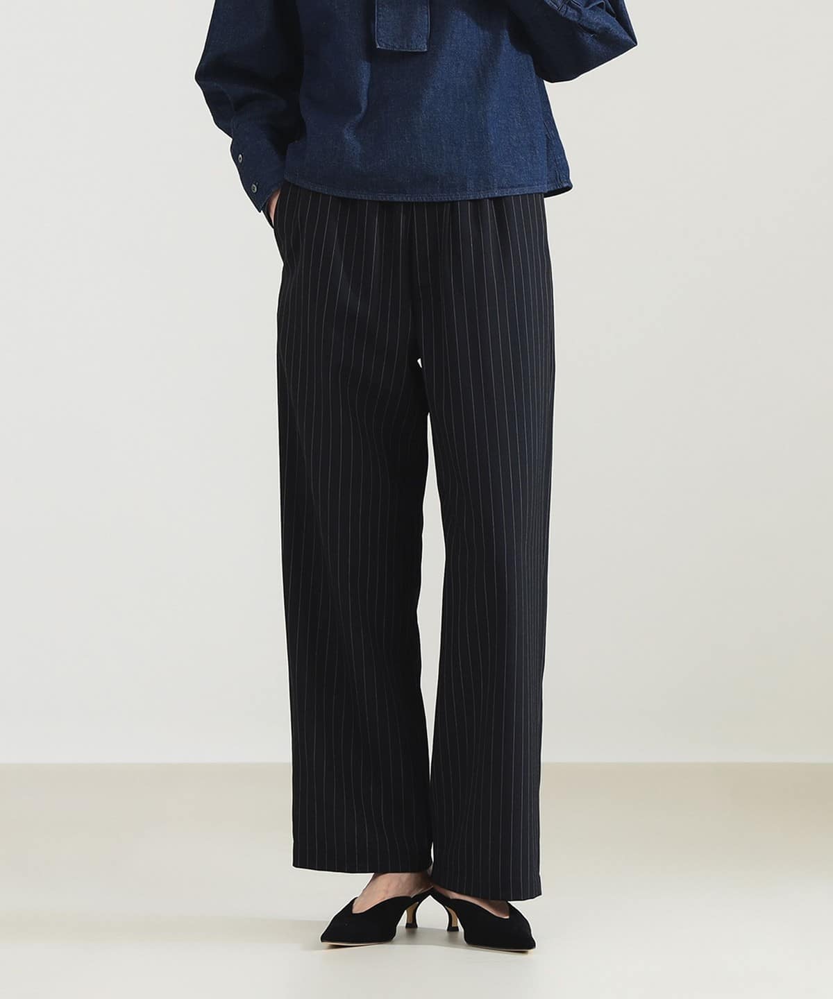 ポプリン ストライプ イージーパンツ パンツ WOMEN NAVY 38 ポプリン ストライプ イージーパンツ パンツ WOMEN NAVY 38