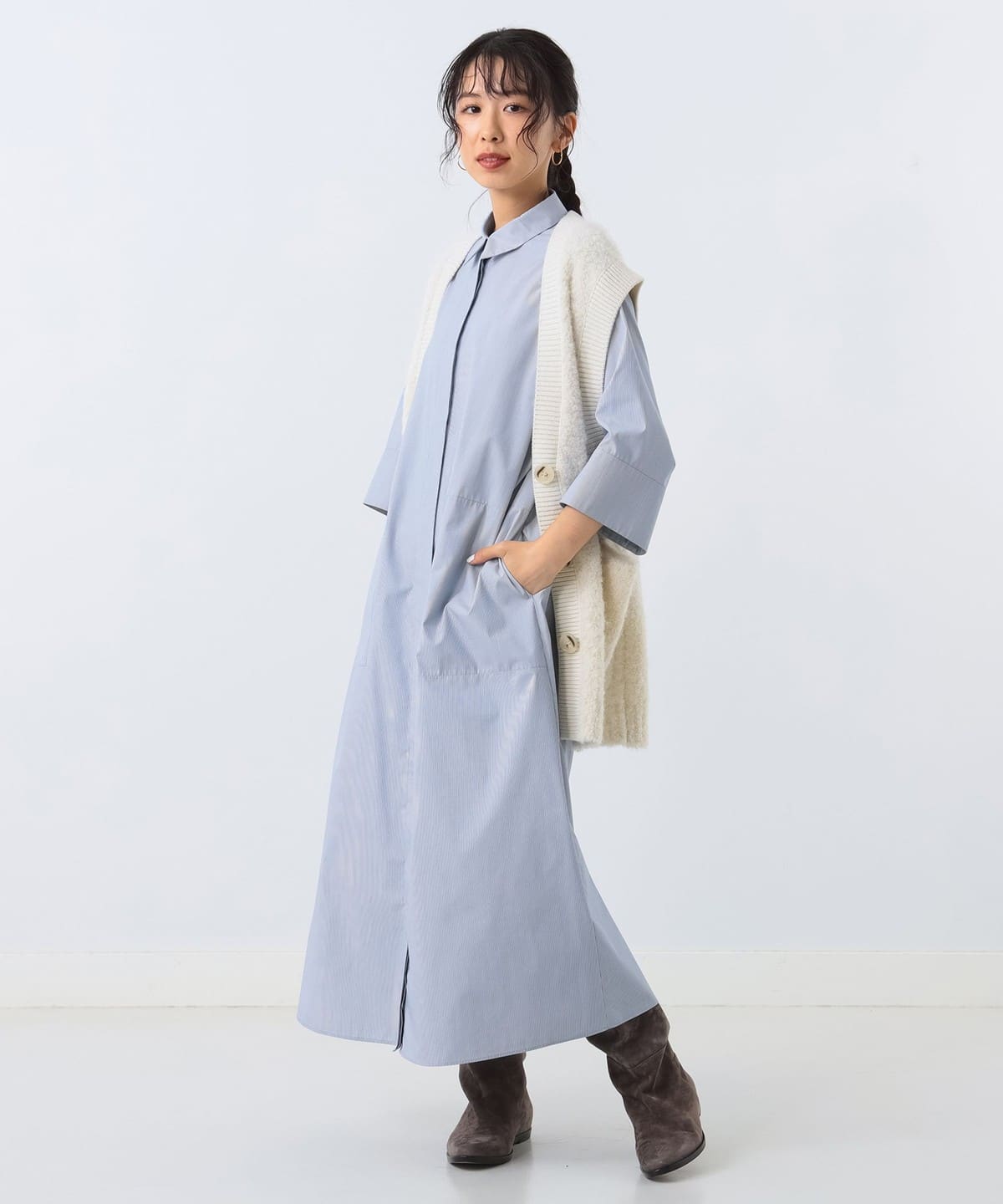 比翼 シャツワンピース ワンピース WOMEN SAX STRIPE 36 比翼 シャツワンピース ワンピース WOMEN SAX STRIPE 36
