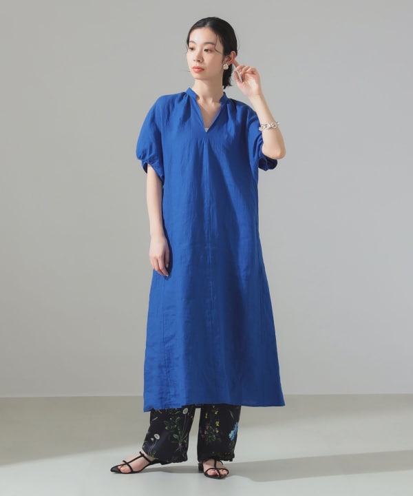 美品　TICCA｜定価3,3万 リネンバルーンスリーブワンピース　ネイビー Demi-Luxe BEAMS（デミルクス ビームス）TICCA / リネン