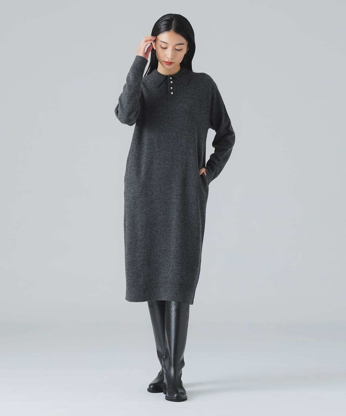 ROOM NO.8 ルームエイト / ウール ポロ ロングスリーブ ドレス ワンピース WOMEN CHARCOAL GREY ONE SIZE ROOM NO.8 ルームエイト / ウール ポロ ロングスリーブ ドレス ワンピース WOMEN CHARCOAL GREY ONE SIZE