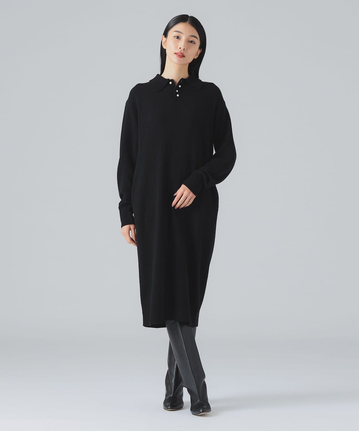 ROOM NO.8 ルームエイト / ウール ポロ ロングスリーブ ドレス ワンピース WOMEN BLACK ONE SIZE ROOM NO.8 ルームエイト / ウール ポロ ロングスリーブ ドレス ワンピース WOMEN BLACK ONE SIZE