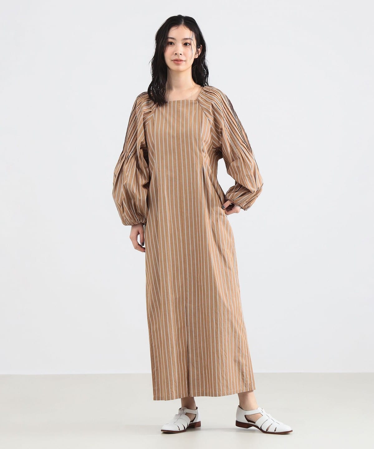 ne Quittez pas ヌキテパ / ポプリン タック ロングスリーブ ワンピース ワンピース WOMEN BEIGE STRIPE M ne Quittez pas ヌキテパ / ポプリン タック ロングスリーブ ワンピース ワンピース WOMEN BEIGE STRIPE M