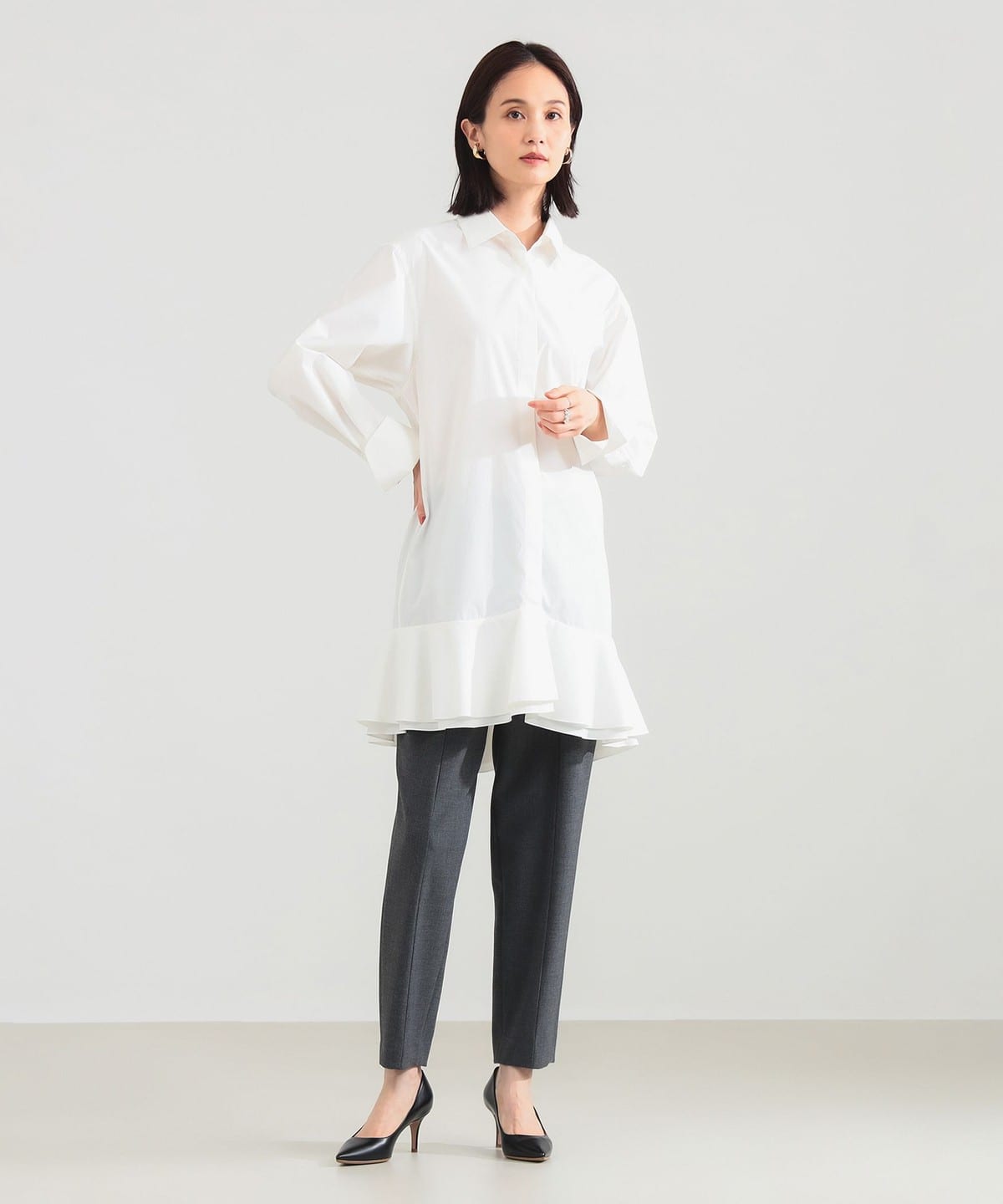 ■専用■美品 デミルクスビームス 3,2万円 シャツワンピース ホワイト 435 Demi-Luxe BEAMS（デミルクス ビームス）フリルヘム シャツ