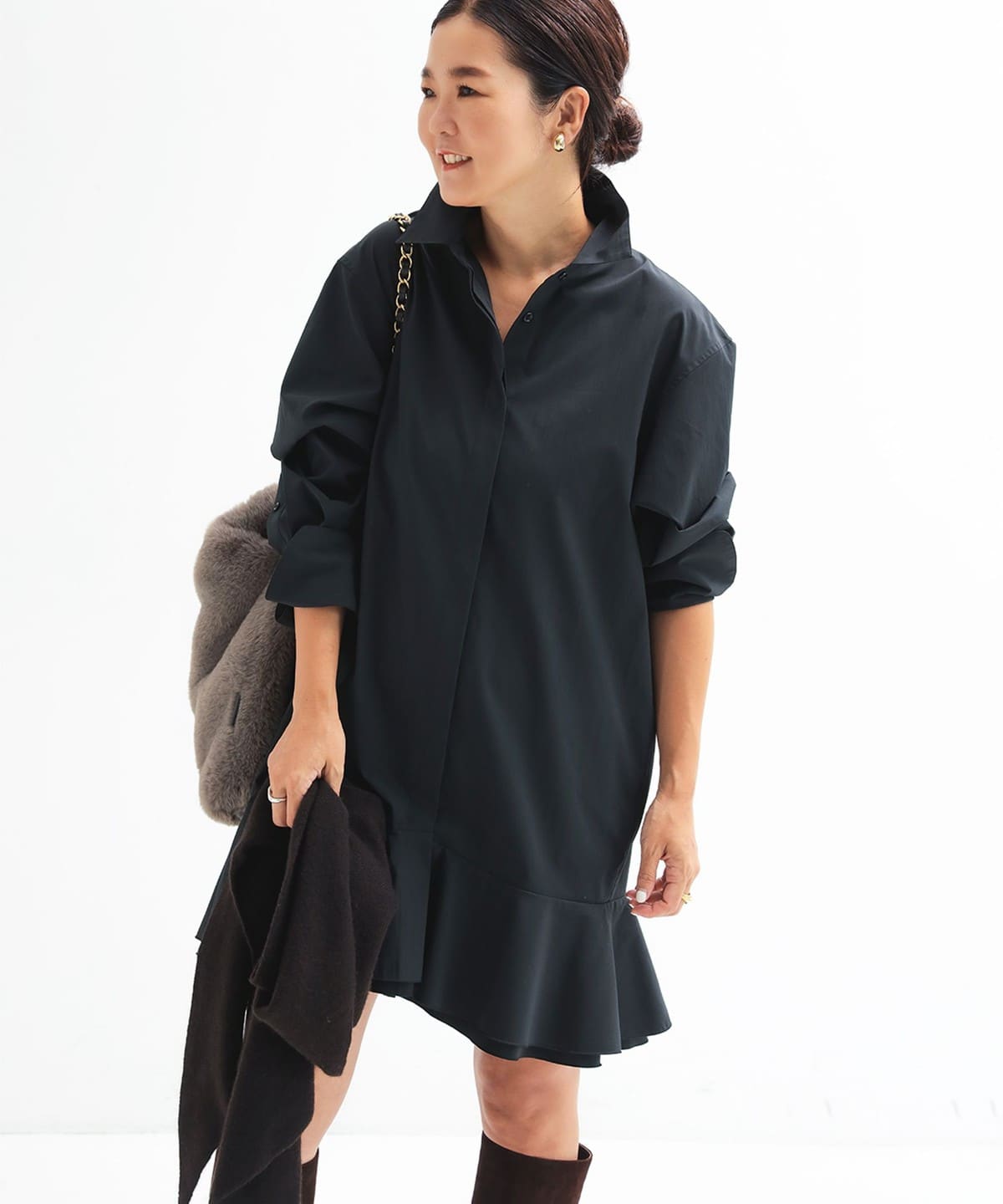 美品 デミルクスビームス 3,2万円 シャツワンピース ブラック D460 Demi-Luxe BEAMS（デミルクス ビームス）フリルヘム シャツ ワンピース