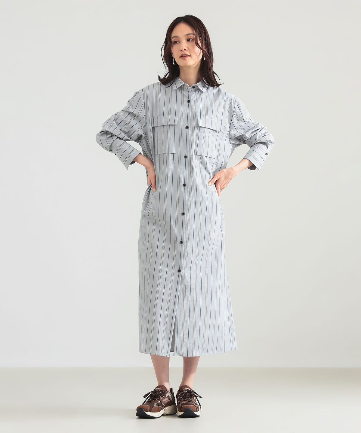 美品　デミルクスビームス　ストライプシャツワンピース　ベルト付き　マキシ丈　青系 Demi-Luxe BEAMS（デミルクス ビームス）ストライプ シャツ ワンピース